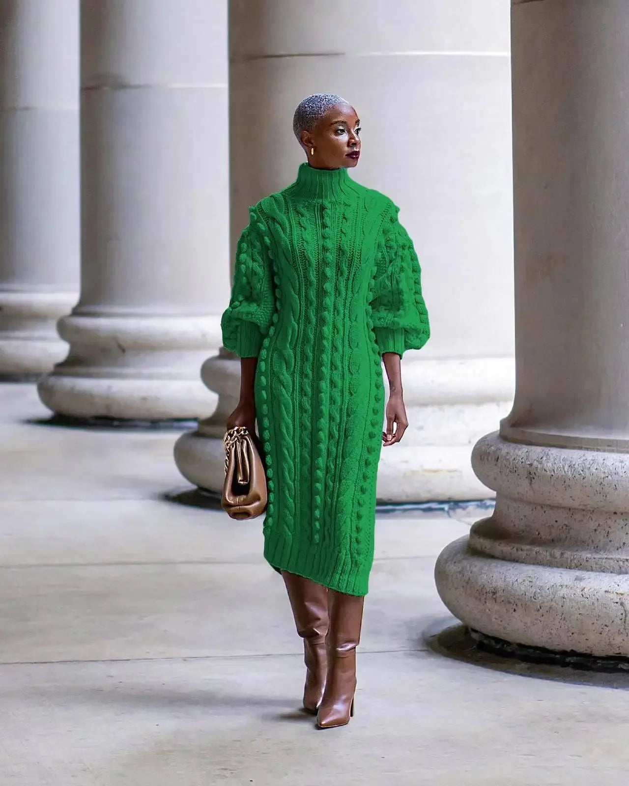 New Autumn Women Long Sleeve Turtleneck Knitted Dress FashionMojos.com