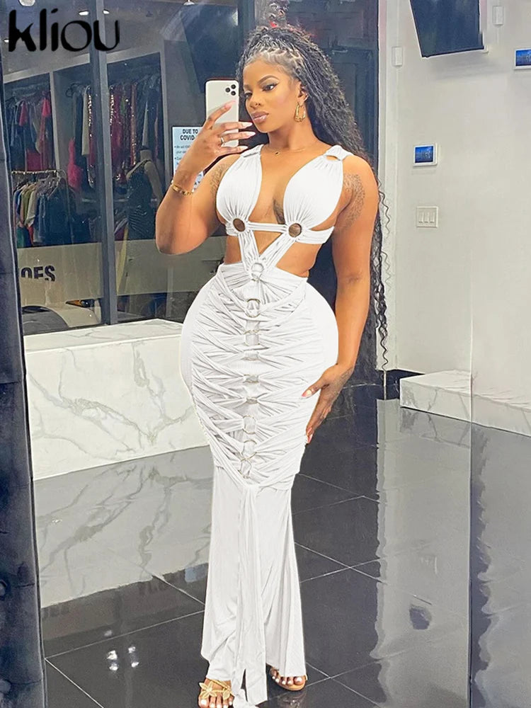 kliou Woven Shirring Women Long Dresses Solid Sexy Elegant Deep V-neck Hollow Stunning Bodycon Mujer High Street Party Vestidos