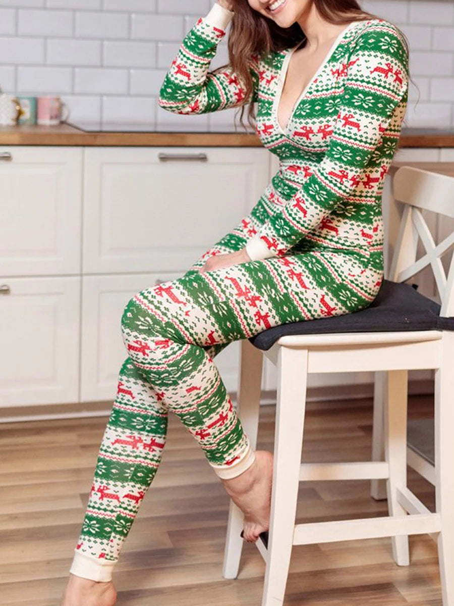 hirigin Women Sexy Christmas Pajamas Rompers Fashion Long Sleeve Printing Bodycon jumpsuit Ugly Christmas Pjs Sleepwear