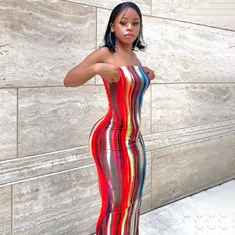 Tie Dye Bodycon Bandage Dress Women Midi Sexy Party Dresses Off Shoulder Strapless Summer Y2k Club Beach Elegant Long Vestidos
