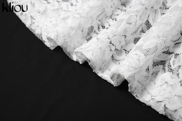 kliou Lace Halter Long Dress Women Summer Coquette Transparent Hollow Deep V-neck Ruched Trim Sheath Robe Midnight Club Vestidos
