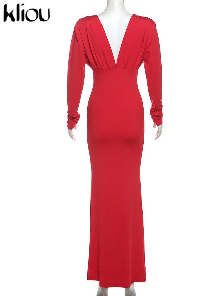 kliou Pleated Elegant Women Maxi Dress Fashion Solid Concise Deep V-neck Full Sleeve Sheath Robe Lady High Street Evening Frock