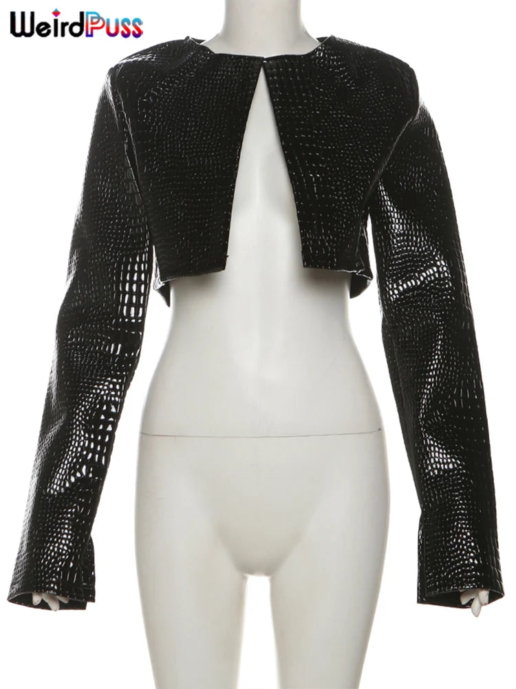 Weird Puss Faux Leather Jacket Women Hipster Snake Print Fall Trend O-Neck Full Sleeve Street Wild Basic Outwear Crop Overcoat