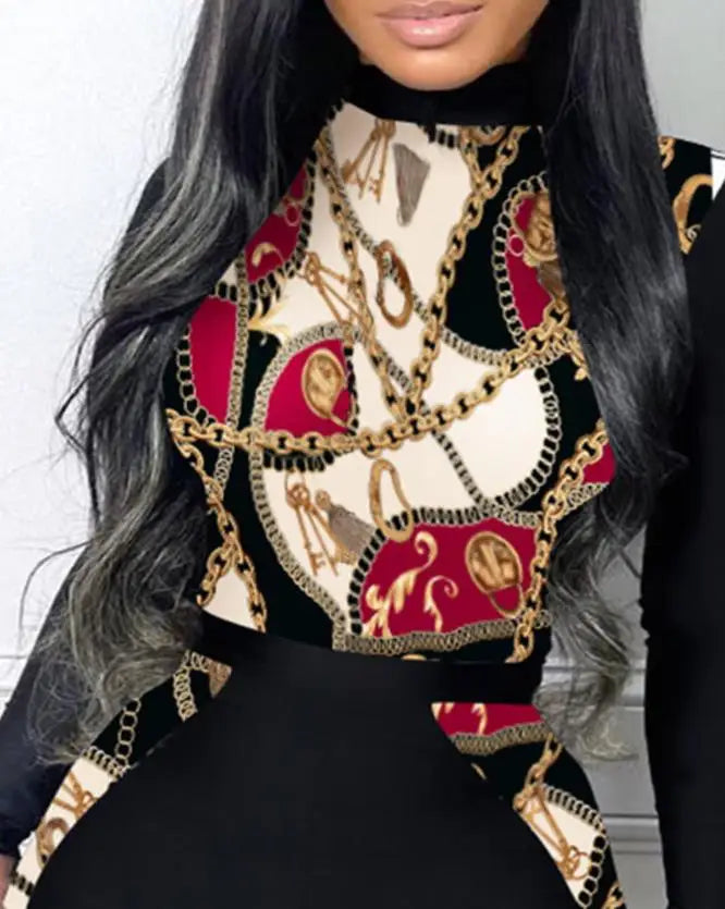 Plus Size Women's Jumpsuit Fashion Vintage Casual Daily Scarf Chain Print Patchwork Mock Neck Long Sleeve Skinny Jumpsuit