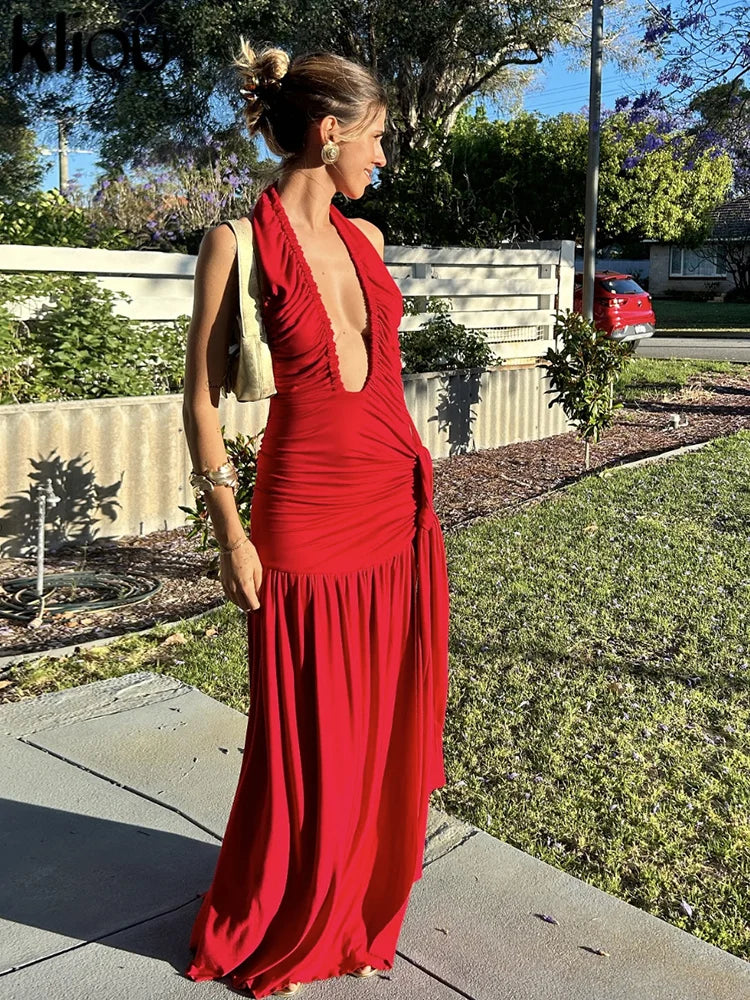 kliou Shirring Halter Women Maxi Dress Solid Concise Sexy Deep V-neck Backless Draped Bodycon Female Bandage Ribbons Party Robe