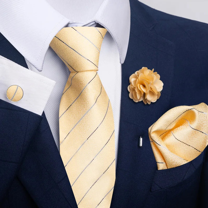 Luxury Mens Ties Floral Black Gold Ties Paisley NeckTie Pocket Square Cufflinks Brooch Set Men's Wedding Party Tie