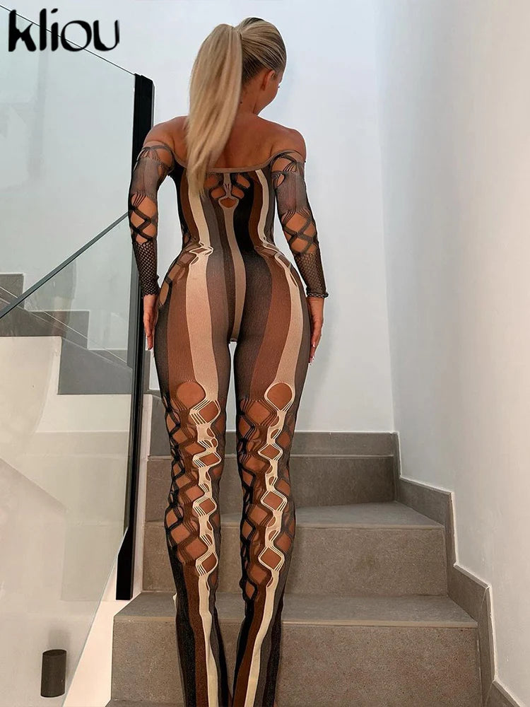 kliou Mesh Stripe Women Jumpsuits Hipster Sexy Thin See Through Off Shoulder Hollow Sheath Overalls Female Attractive One Piece