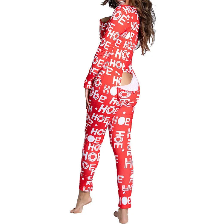 Women's Pajamas Christmas Printed Sexy Jumpsuit Fashion Casual Button Front Bottom Rear Hip Opening Flip Jumpsuits