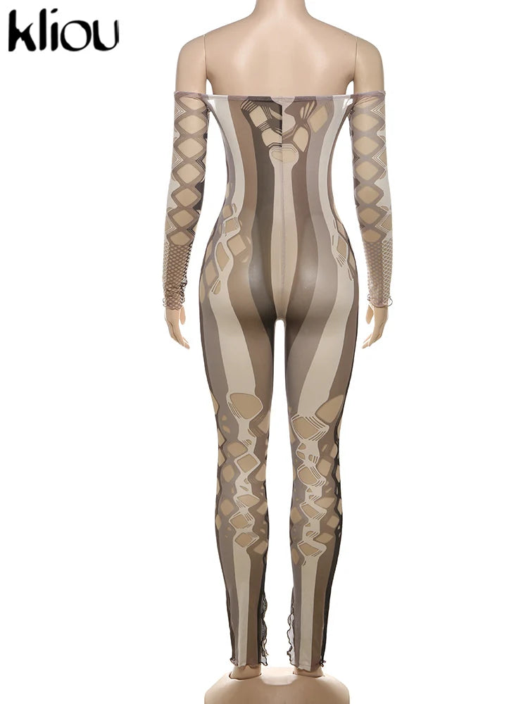 kliou Mesh Stripe Women Jumpsuits Hipster Sexy Thin See Through Off Shoulder Hollow Sheath Overalls Female Attractive One Piece