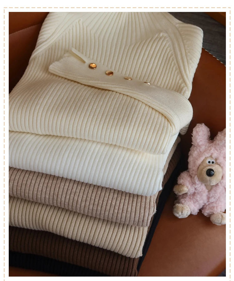 Autumn Winter Sweater Women Pullovers Long Sleeve Tops Clothes Slim Knit Soft Jumper Streetwear Button Turtleneck Sweater