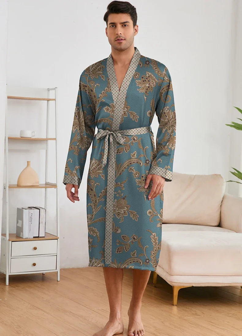 Spring Summer New Men Pajama 2PCS Robe Shorts Set Silky Satin Kimono Bathrobe Pants Lingerie Home Clothing Loungewear
