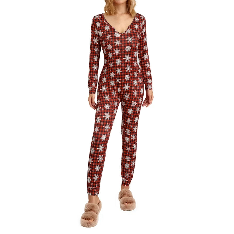 Women's Christmas Pajamas Romper Long Sleeve Zip Up Jumpsuit Button Bodycon Bodysuit Snowflake Plaid Print Loungewear