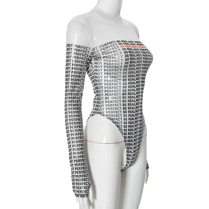 New Sexy See Thorugh Bodysuit Womens Long Sleeve Graphic One Pieces T-Shirt Corset Tops Autumn High Waist Mesh Jumpsuits