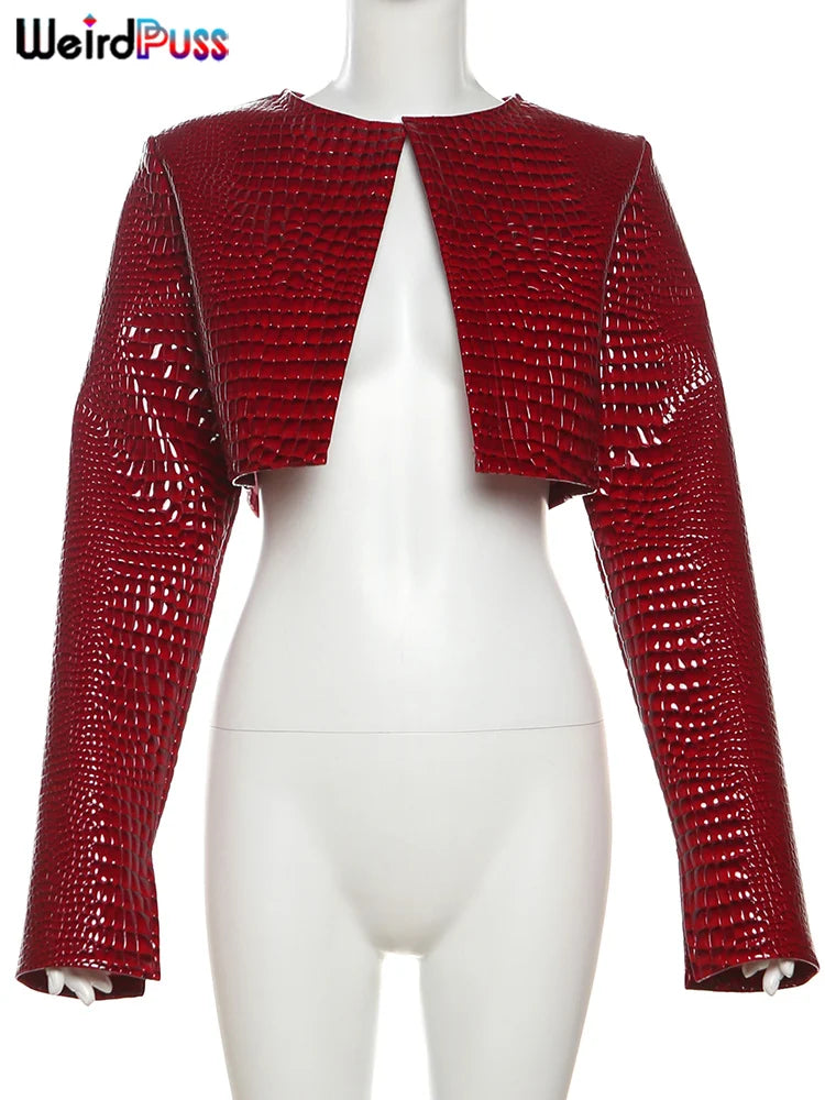 Weird Puss Faux Leather Jacket Women Hipster Snake Print Fall Trend O-Neck Full Sleeve Street Wild Basic Outwear Crop Overcoat