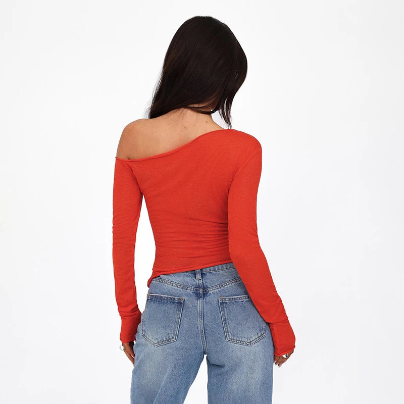 CUTENOVA Autumn Solid Color Slant Neck Off Shoulder Long Sleeve T Shirt Bandage Waist Tie Elegant Cropped Top For Women Wear