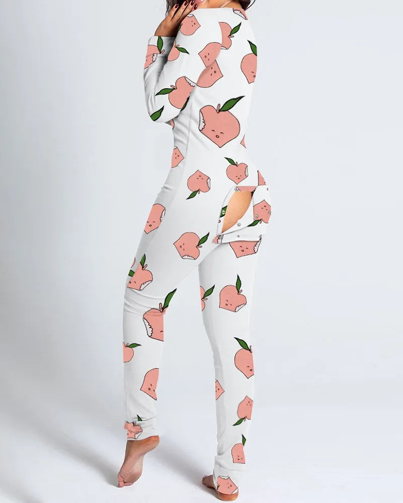 Women's Pajamas Christmas Printed Sexy Jumpsuit Fashion Casual Button Front Bottom Rear Hip Opening Flip Jumpsuits