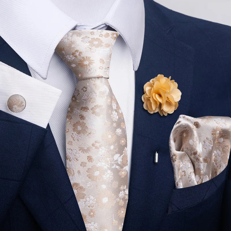 Luxury Mens Ties Floral Black Gold Ties Paisley NeckTie Pocket Square Cufflinks Brooch Set Men's Wedding Party Tie