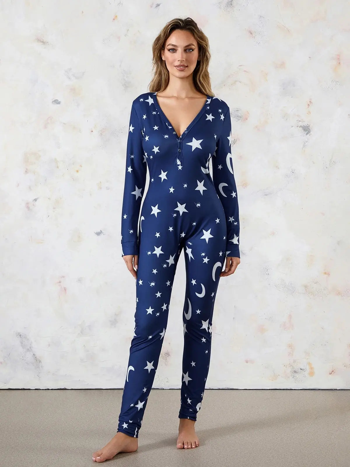 Women Buttoned Flap Jumpsuits Sleepwear Cow Printed Long Sleeve V Neck Bodycon Romper Spring Fall Loungewear