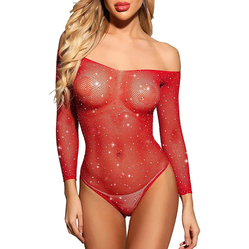 Women Sexy Lingerie Shiny Rhinestones Slash Neck Sexy Bodysuit Transparent Mesh Long Sleeve Backless Slim Transparent Body Suits