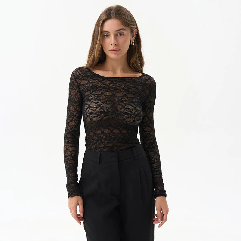 CUTENOVA Lace Women'S Tops Hollow Out Basic Casual Elegant Long Sleeve Tops See-Through Party For Sexy Lady Fashion Street Tops
