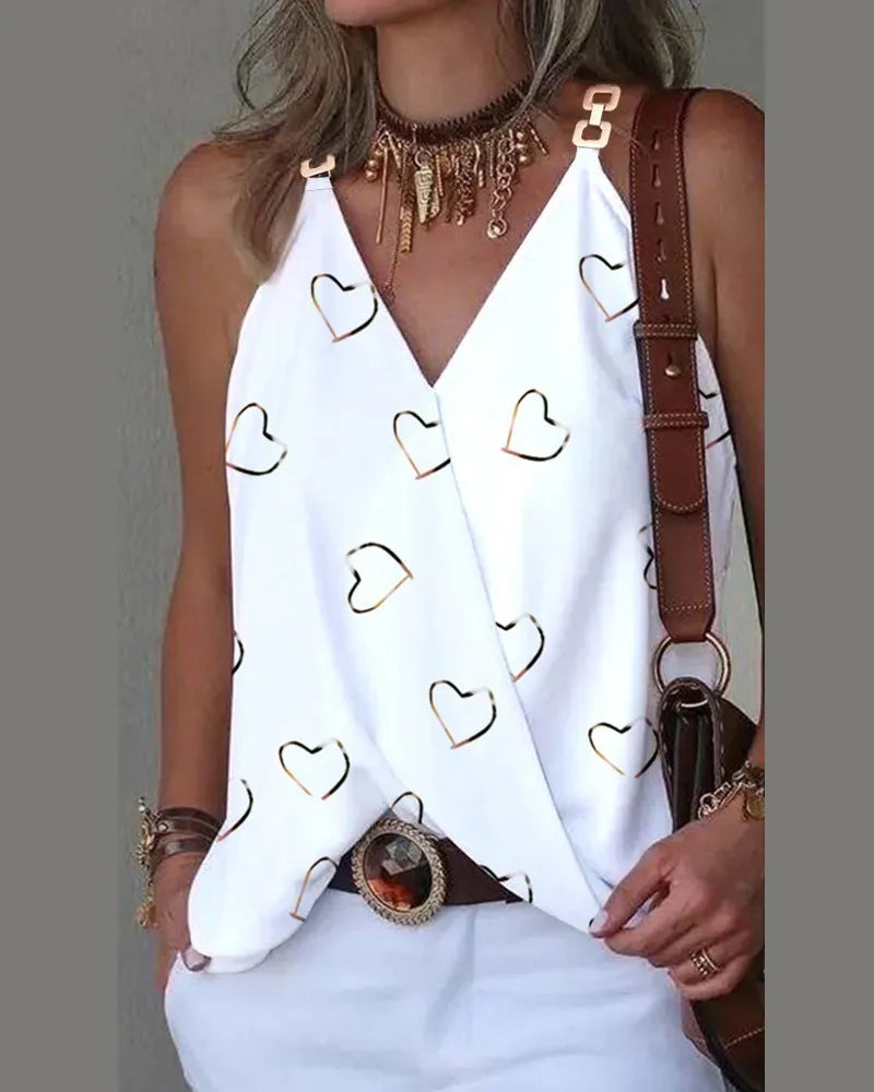 Summer simple V-neck metal buckle printed small vest top women