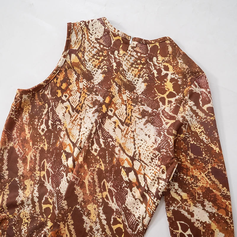 CUTENOVA 2025 Spring Brown Single Shoulder Long Sleeve One Piece Jumpsuit Snake Print Back Zipper Jumpsuits For Women Sexy Wear
