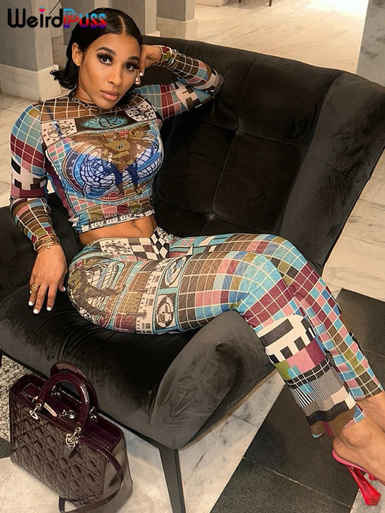 Weird Puss Pixel Print Women 2 Piece Set Tracksuit Colorful Full Sleeve Crop Tops+Leggings Stretch Matching Streetwear Outfits
