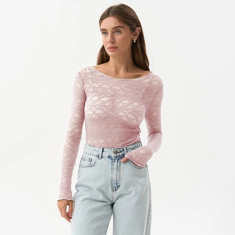 CUTENOVA Lace Women'S Tops Hollow Out Basic Casual Elegant Long Sleeve Tops See-Through Party For Sexy Lady Fashion Street Tops