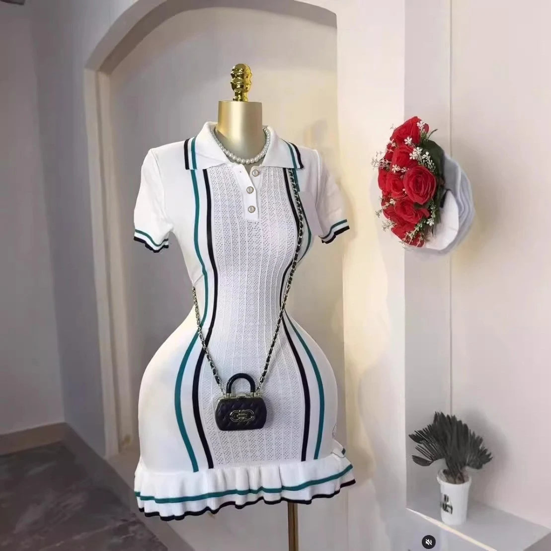 YuooMuoo Chic Fashion Sexy Package Hips Knitted Mini Dress 2025 Summer Vintage Turn-down Collar Ruffled Party Dress Streetrwear