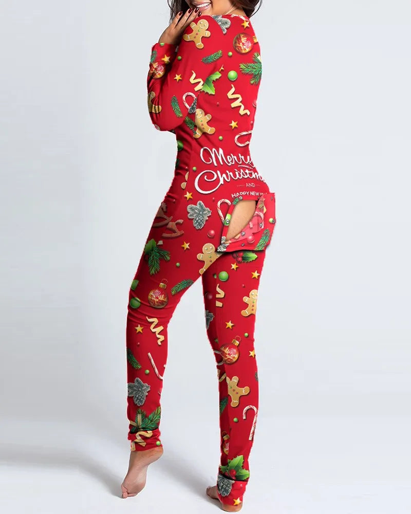 Women's Pajamas Christmas Printed Sexy Jumpsuit Fashion Casual Button Front Bottom Rear Hip Opening Flip Jumpsuits