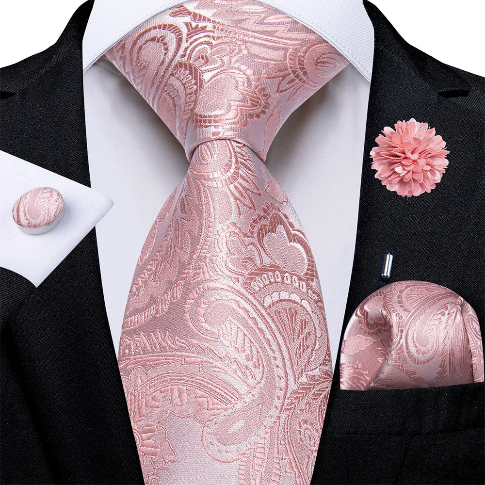 4Pcs Pink Paisley Folral Men Tie Pocket Square