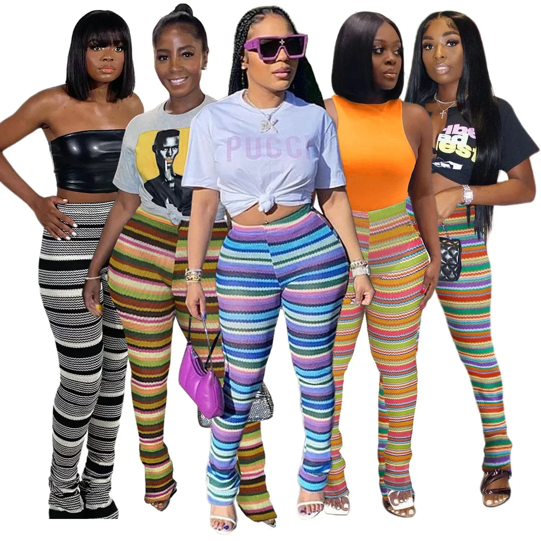 Leosoxs Colorful Striped Women Flare Pants Knitted Elastic Waist Skinny New Summer Trendy Y2K Streetwear Daily Wild Bottoms
