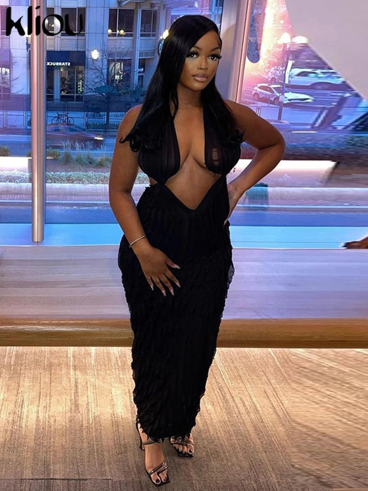 Kliou Solid Elegant Halter Maxi Dress Women Concise Sexy Cleavage Deep V-neck Backless Skinny Robe Ruched Hipster Lady Vestido