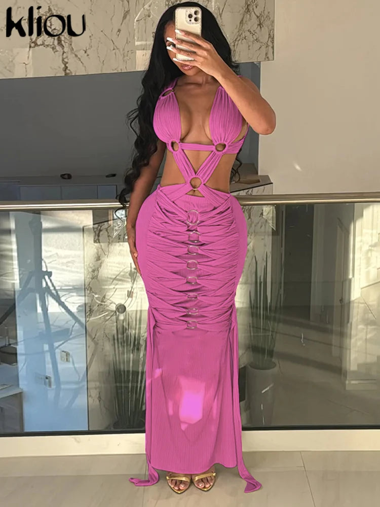 kliou Woven Shirring Women Long Dresses Solid Sexy Elegant Deep V-neck Hollow Stunning Bodycon Mujer High Street Party Vestidos