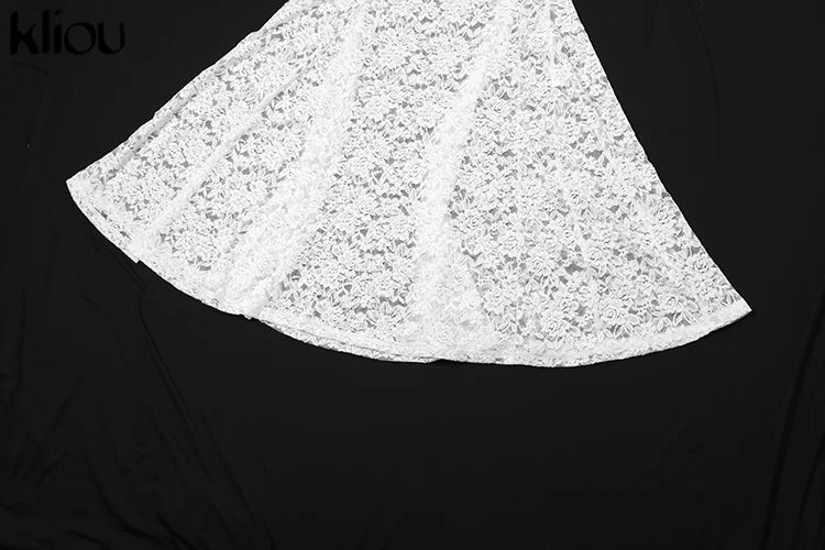 kliou Lace Halter Long Dress Women Summer Coquette Transparent Hollow Deep V-neck Ruched Trim Sheath Robe Midnight Club Vestidos