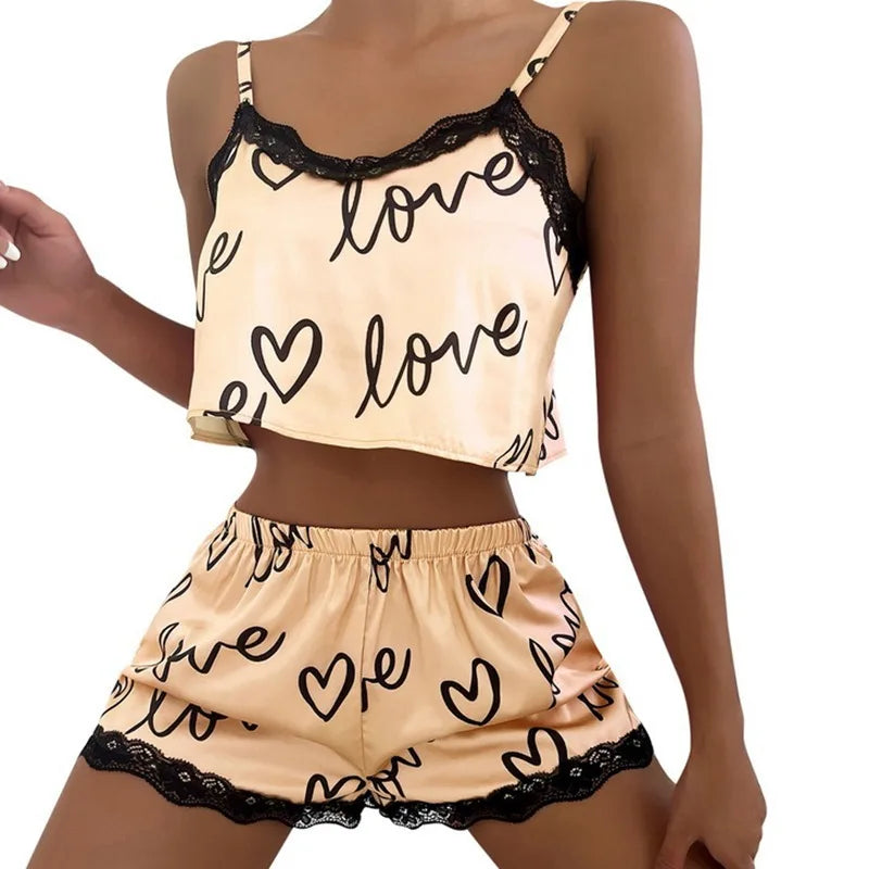 2 Pieces Set Women'S Pajama Shorts Suit Homewear Print Underwear Pijama Sexy Lingerie Camisoles Tanks Nighty Ladies Sleepwear FashionMojos.com