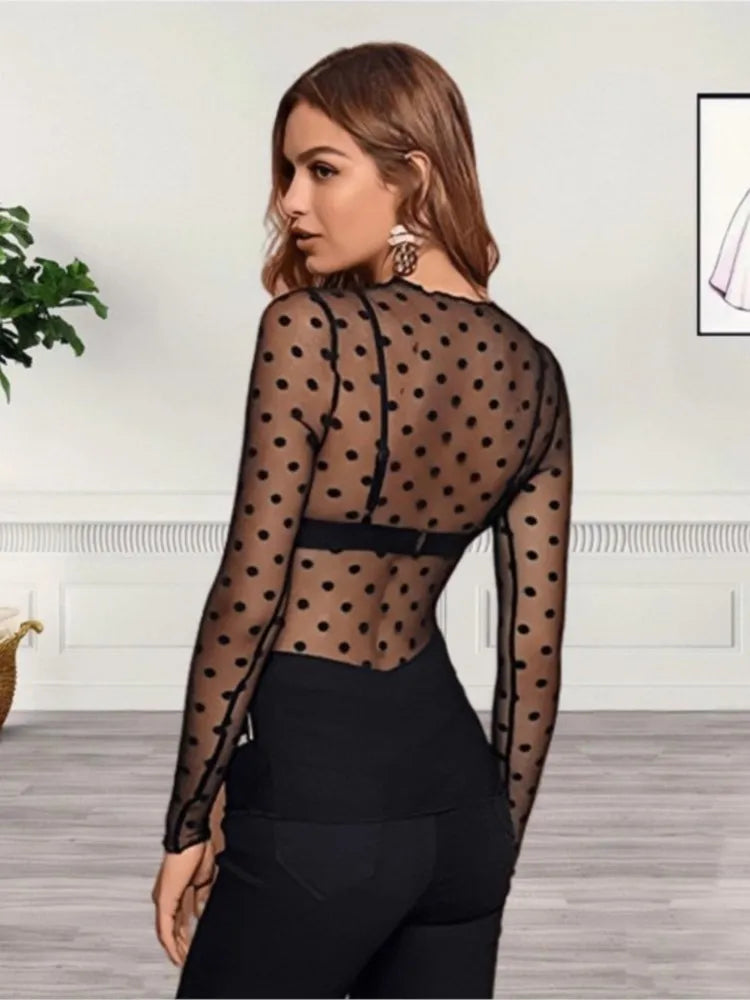 T Shirt For Women Basics Retro Sexy Polka Dot O Neck Bodycon Tops Off The Shoulder Vintage Solid Streetwear Lace Transparent