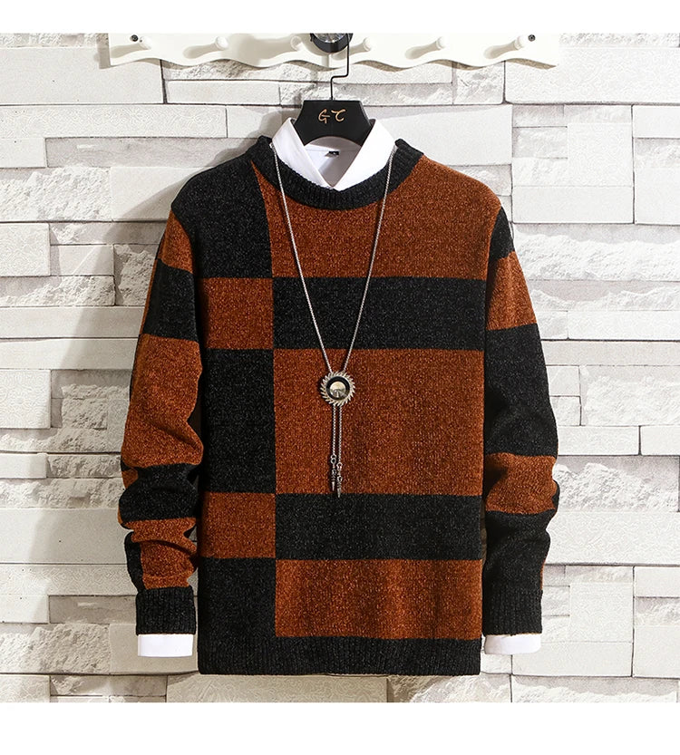Men's Fashion Long Sleeve Round Neck Black and White Striped Chenille Sweater Autumn/winter Comfort Knit