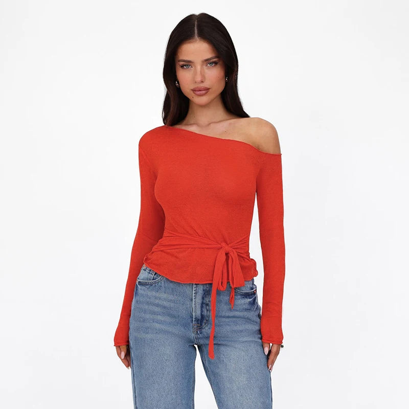 CUTENOVA Autumn Solid Color Slant Neck Off Shoulder Long Sleeve T Shirt Bandage Waist Tie Elegant Cropped Top For Women Wear