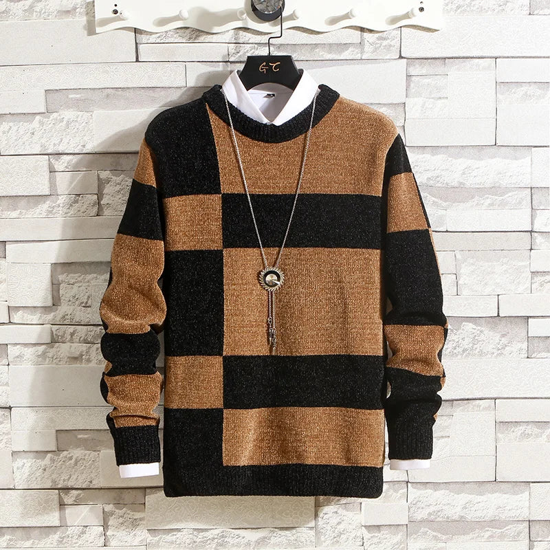 Men's Fashion Long Sleeve Round Neck Black and White Striped Chenille Sweater Autumn/winter Comfort Knit