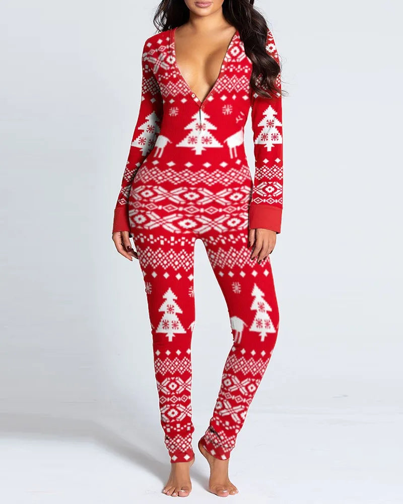 Women's Pajamas Christmas Printed Sexy Jumpsuit Fashion Casual Button Front Bottom Rear Hip Opening Flip Jumpsuits
