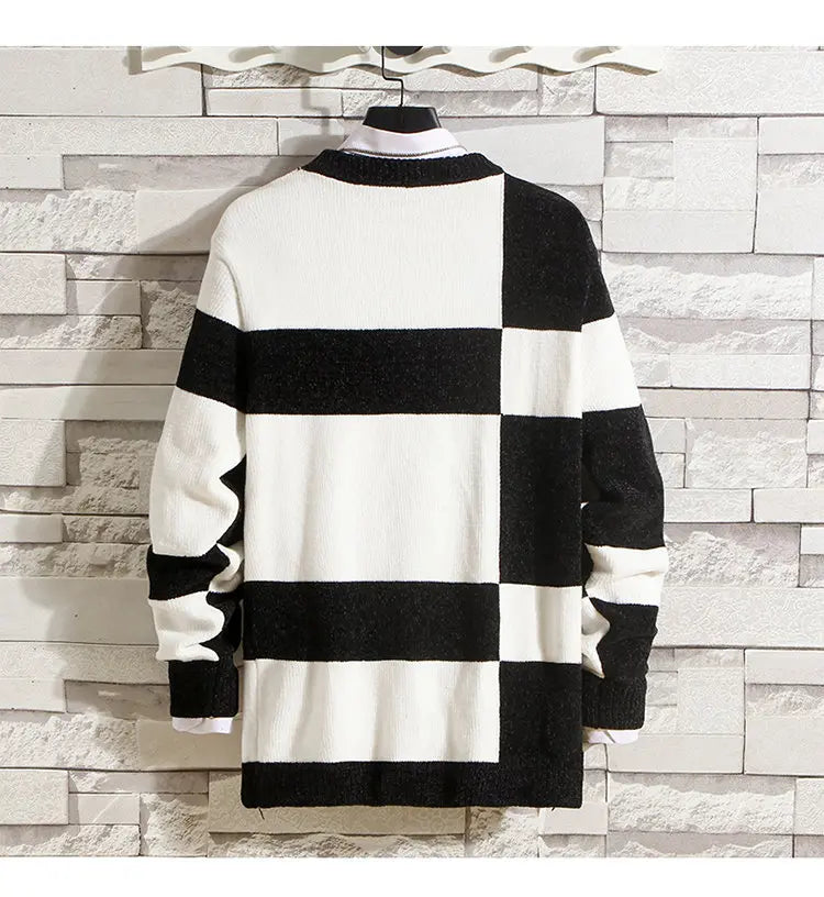 Men's Fashion Long Sleeve Round Neck Black and White Striped Chenille Sweater Autumn/winter Comfort Knit