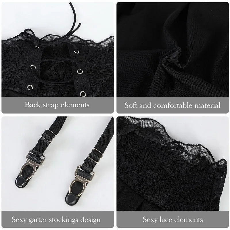 Sexy Woman Black Lingerie Soft Girl Lolita French Court Style Porn Sheer Lace Waist With Zip Ties Hanging Clip Short Skirt