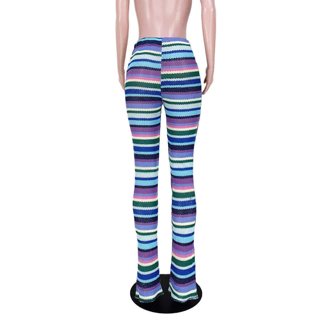 Leosoxs Colorful Striped Women Flare Pants Knitted Elastic Waist Skinny New Summer Trendy Y2K Streetwear Daily Wild Bottoms