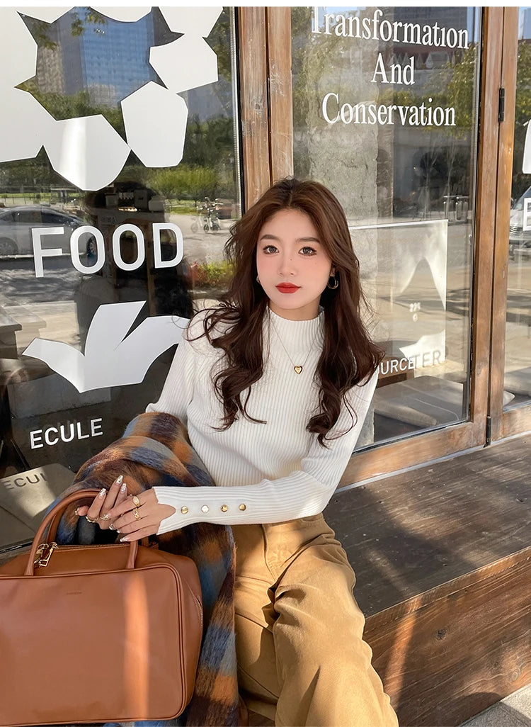 Autumn Winter Sweater Women Pullovers Long Sleeve Tops Clothes Slim Knit Soft Jumper Streetwear Button Turtleneck Sweater