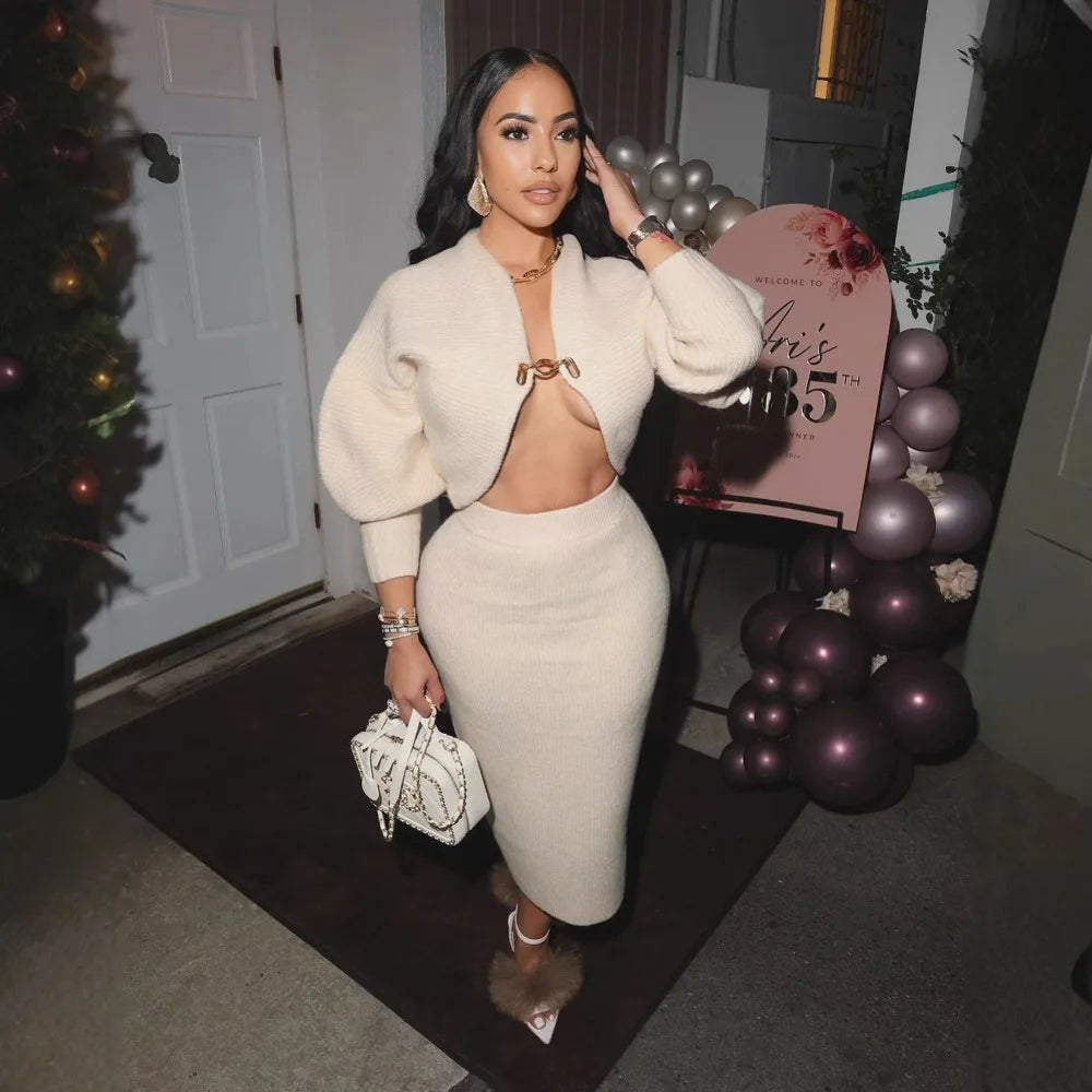 FAGADOER High Quality Elegant Knit Women 2 Piece Set Outfit Hollow Out Lantern Sleeve Crop Cardigan + Long Skirt Suit Streetwear