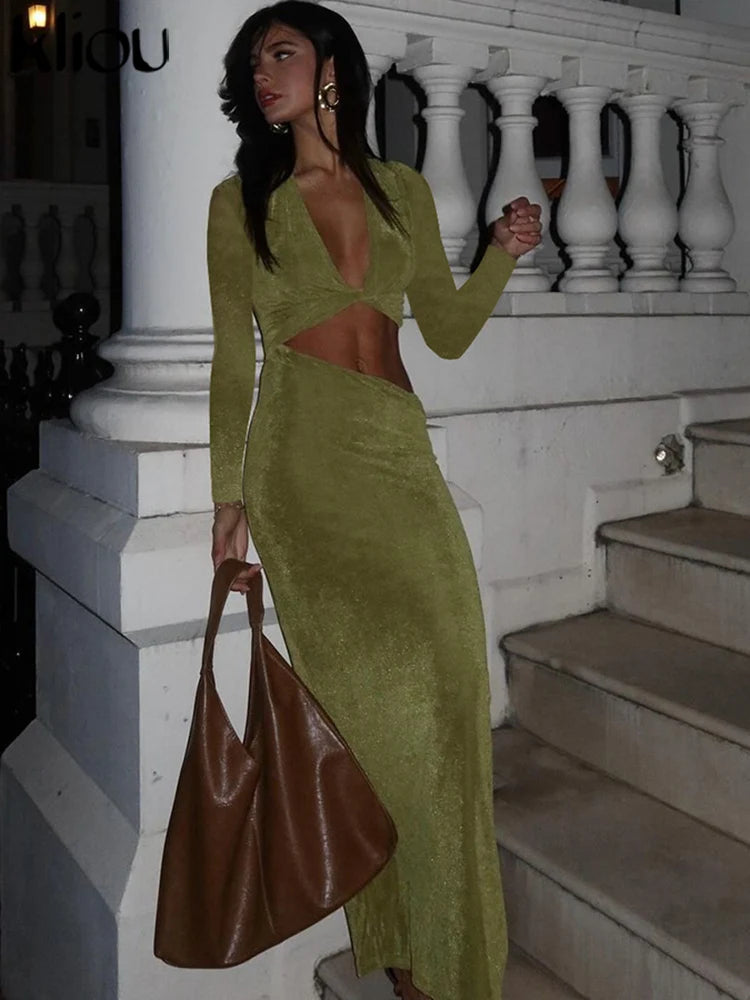 kliou Asymmetrical Waistless Women Dress Simple Solid Deep V-neck Sheath Trend Frock Sexy Popular High Street Banquet Lady Robe