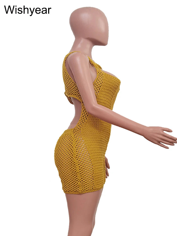 Sexy See Through Hollow Out Knitted Romper Sleeveless Crochet See Through Backless Solid Skinny Summer Beach Playsuits Clubwear