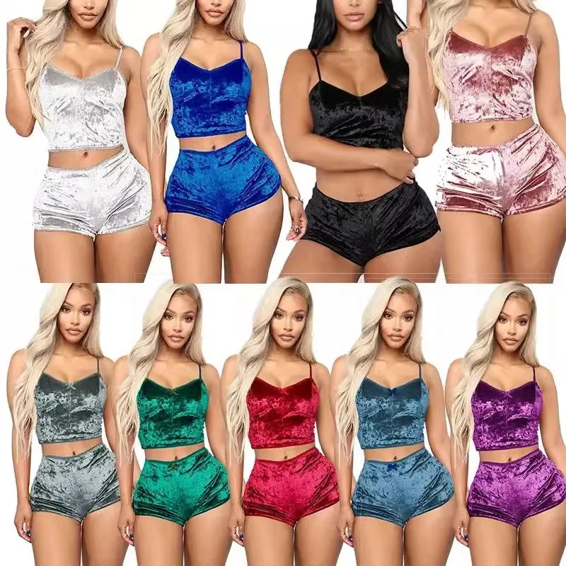 Sexy Velvet Pajamas V-Neck Lingerie Two Sets Women Suspenders Short Pants Loungewear