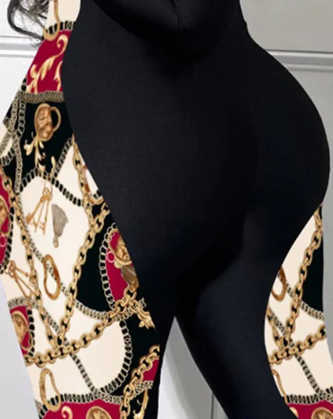 Plus Size Women's Jumpsuit Fashion Vintage Casual Daily Scarf Chain Print Patchwork Mock Neck Long Sleeve Skinny Jumpsuit